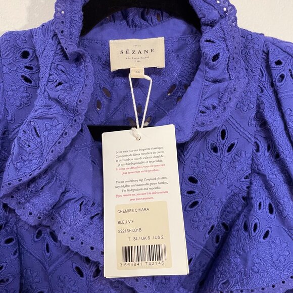 New Sezane Chiara Embroidered Cotton Ruffle Top Electric Blue 34, 2, XS - Picture 6 of 8